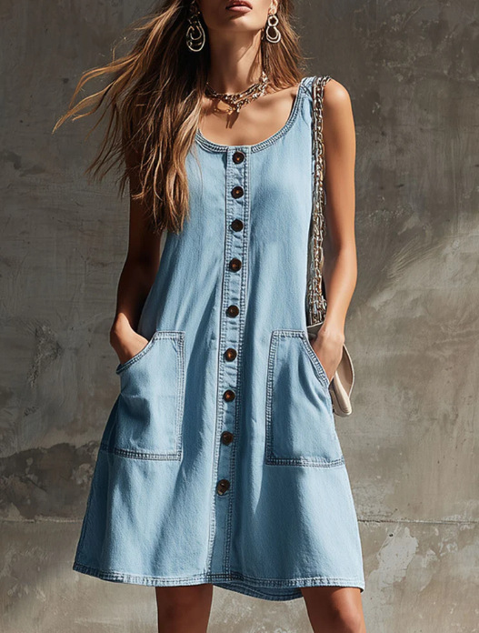 Womens Sleeveless Denim Dress - Button-Front Scoop Neck A-Line Dress